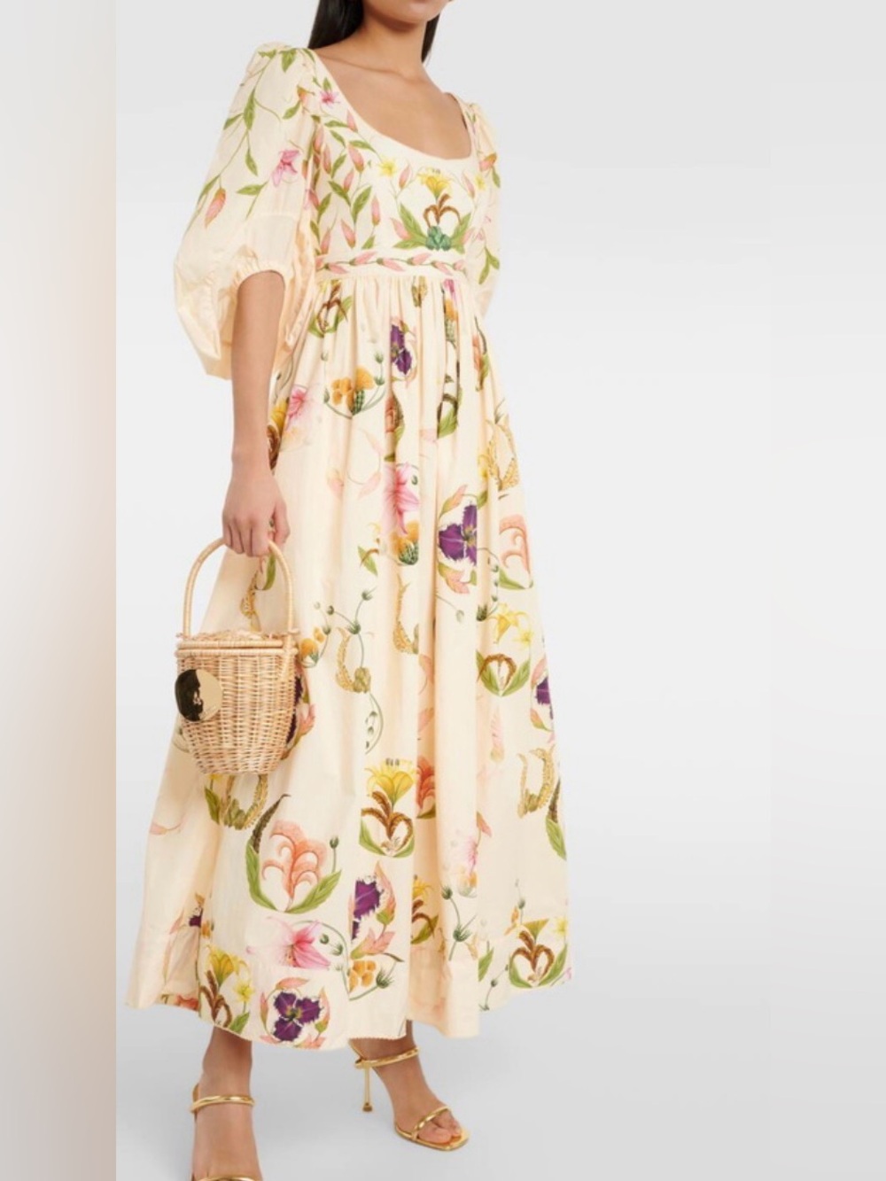 Cream Floral Maxi Dress with Puff Sleeves